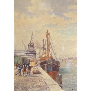 Emile Lhernault "quai à Bruxelles" Watercolour Painting Marine Seascape Halage, Ca 1910